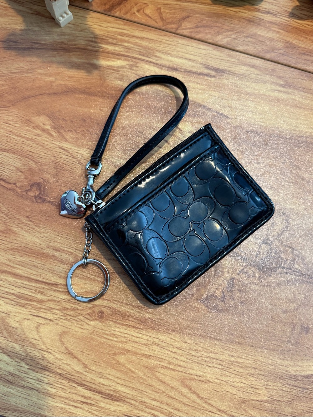 Coach Black Patent Leather Card Case Wristlet with Heart Charm